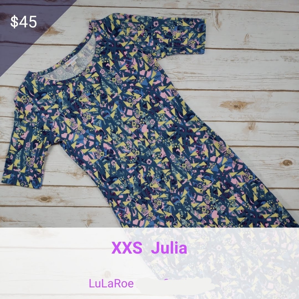 LuLaRoe Julia Dress with Blue and Pink Geometric Pattern